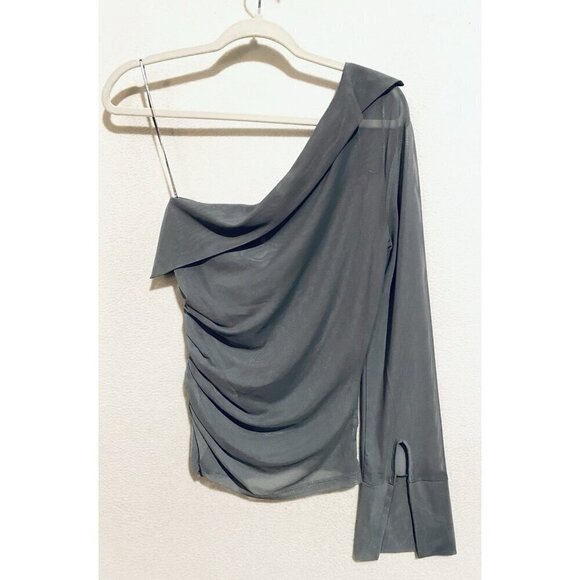 Zara Top Womens Medium Gray One Sleeve Ruched Mesh Asymmetrical Sheer Drapey - Picture 3 of 7